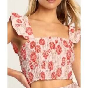 Lulus Charm The Crowd Blush Pink Metallic Floral Top Size S